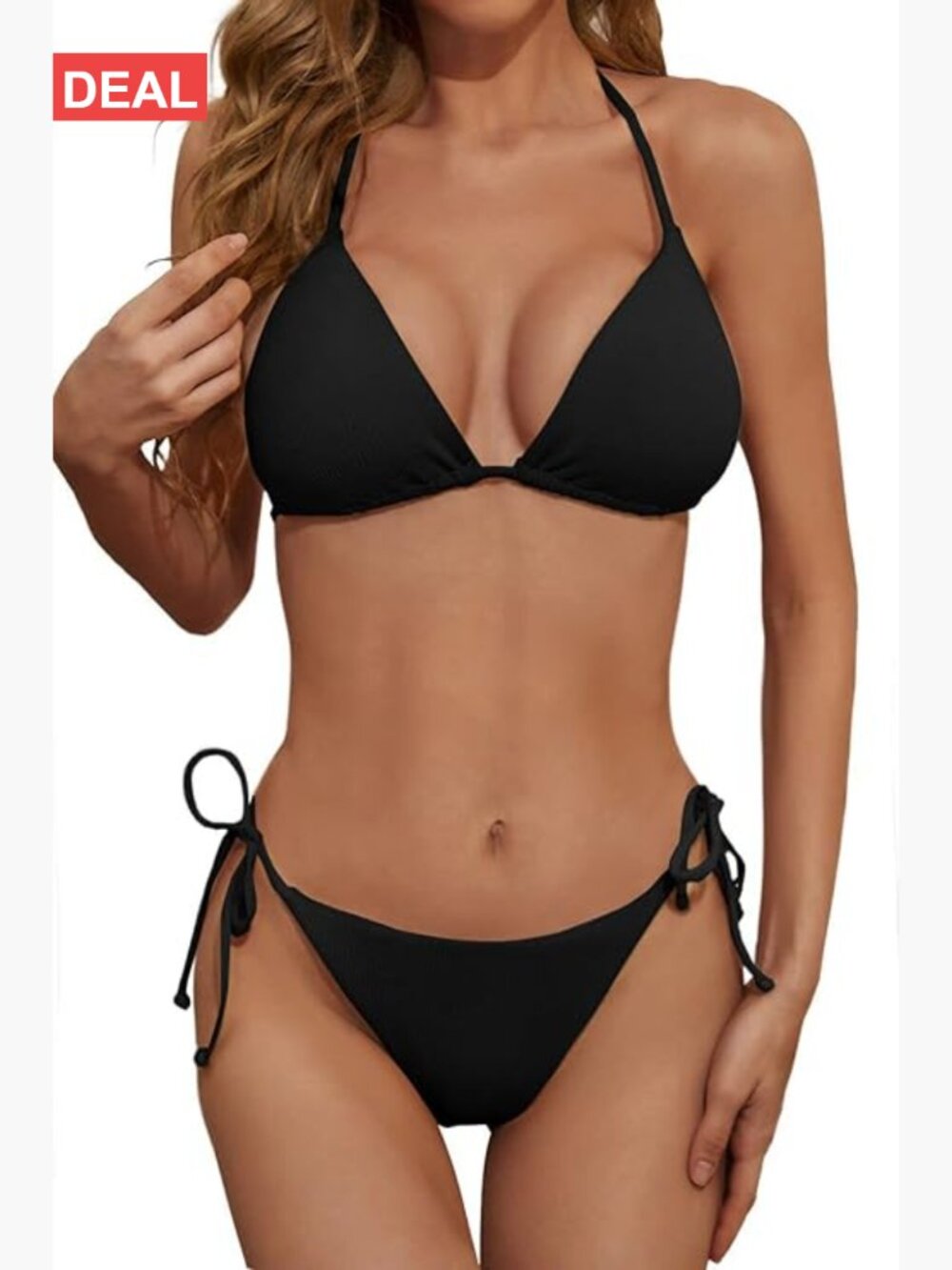 Women's Ribbed Triangle Bikini Set Halter Neck Cheeky Bottom